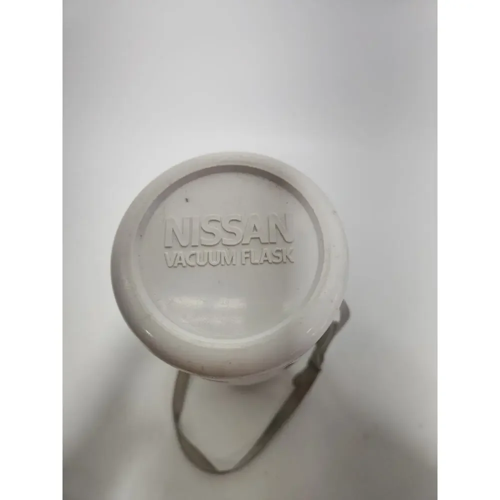 Vintage Nissan Vacuum Flask Thermos White Chrome Insulated Bottle w/ Carry Strap